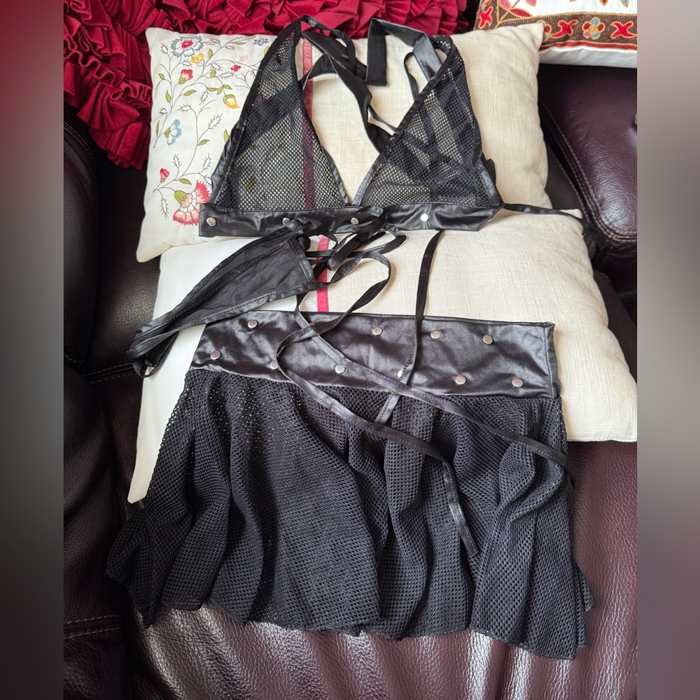 Black Mesh and Leather Intimate Set